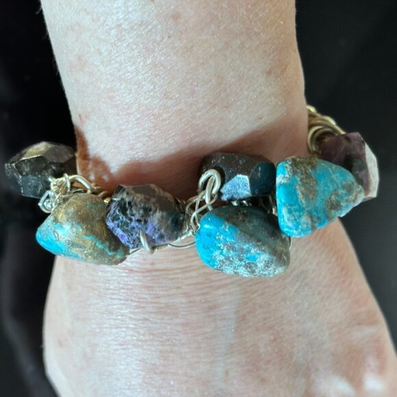 Genuine Turquoise 925 Sterling Silver Charoite Wire Wrap Cuff Bracelet Brutalist - Picture 6 of 11